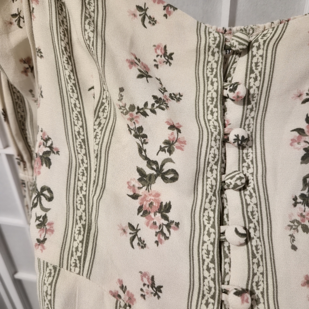 Reformation Floral Cream Green Blouse Top Sz 4 - Picture 3 of 12